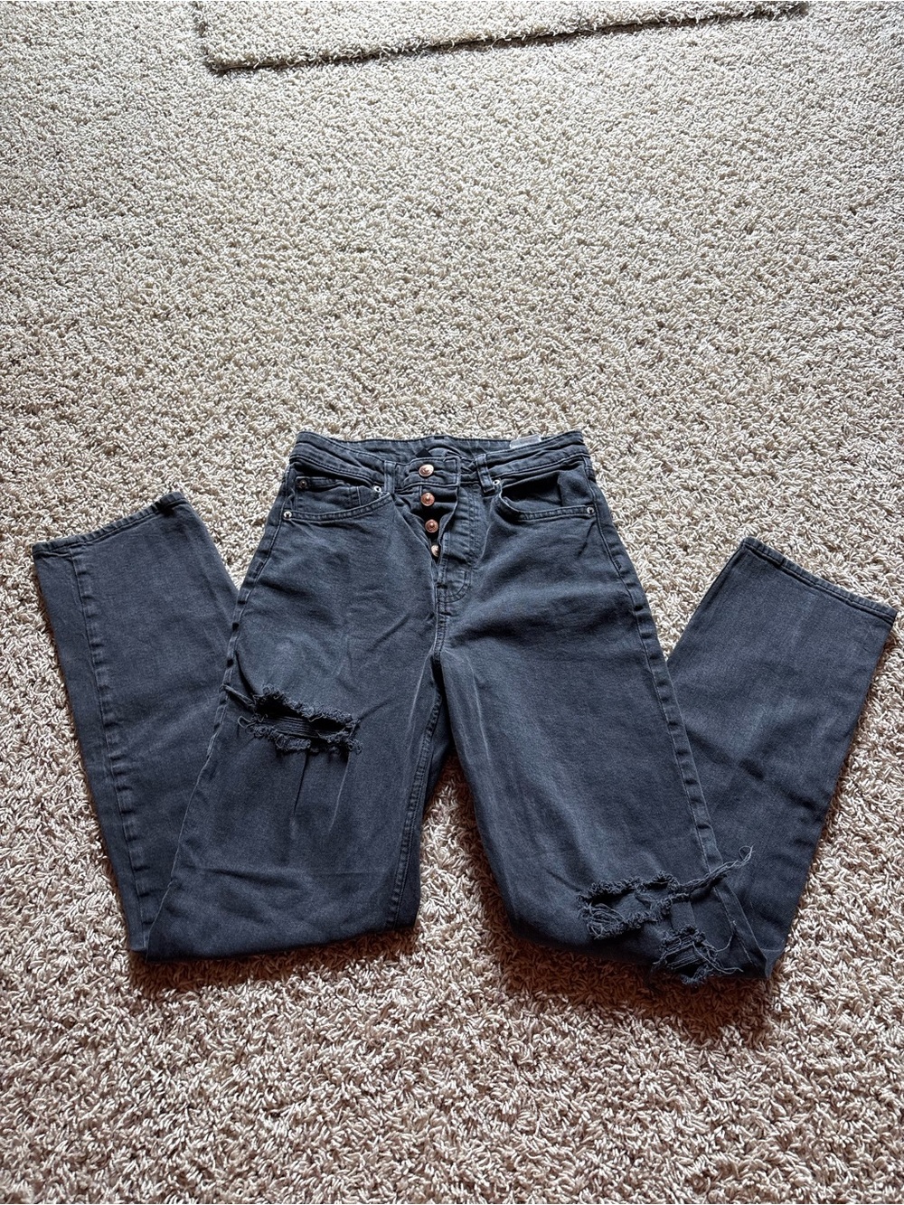 H&M Black High-Rise Distressed Button-Fly Jeans